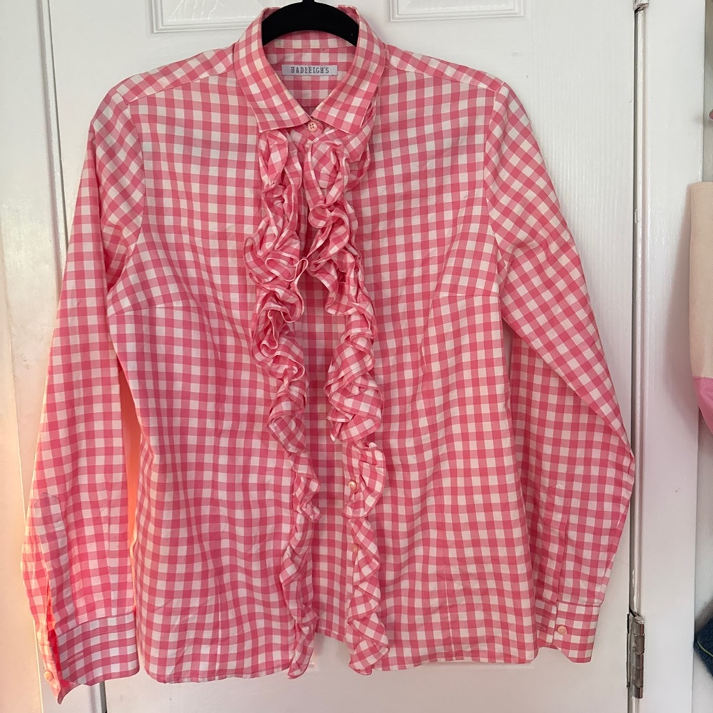 Hadleigh’s Pink Gingham Ruffle Blouse